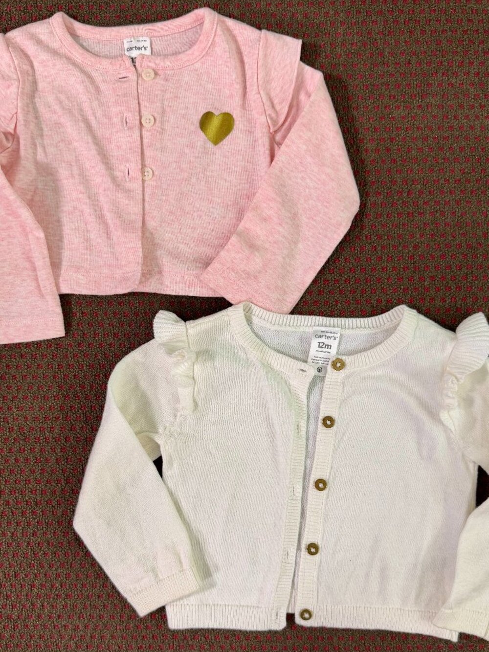 Carter's Baby Girl 12m Cardigan Lot Pink Heart + Cream Ruffle 2 Piece